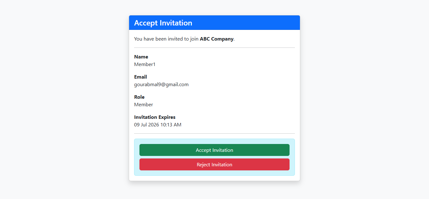 Accept invitation confirmation page for Admin or Member