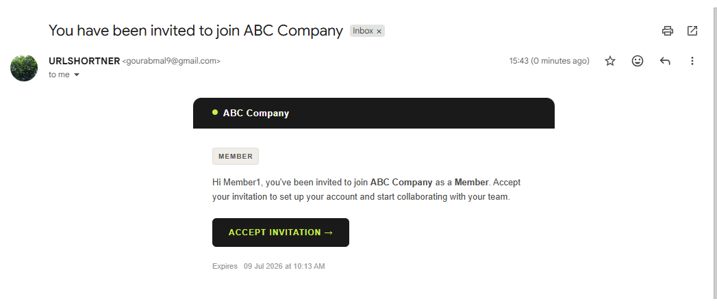 Invitation email received by the new Admin or Member