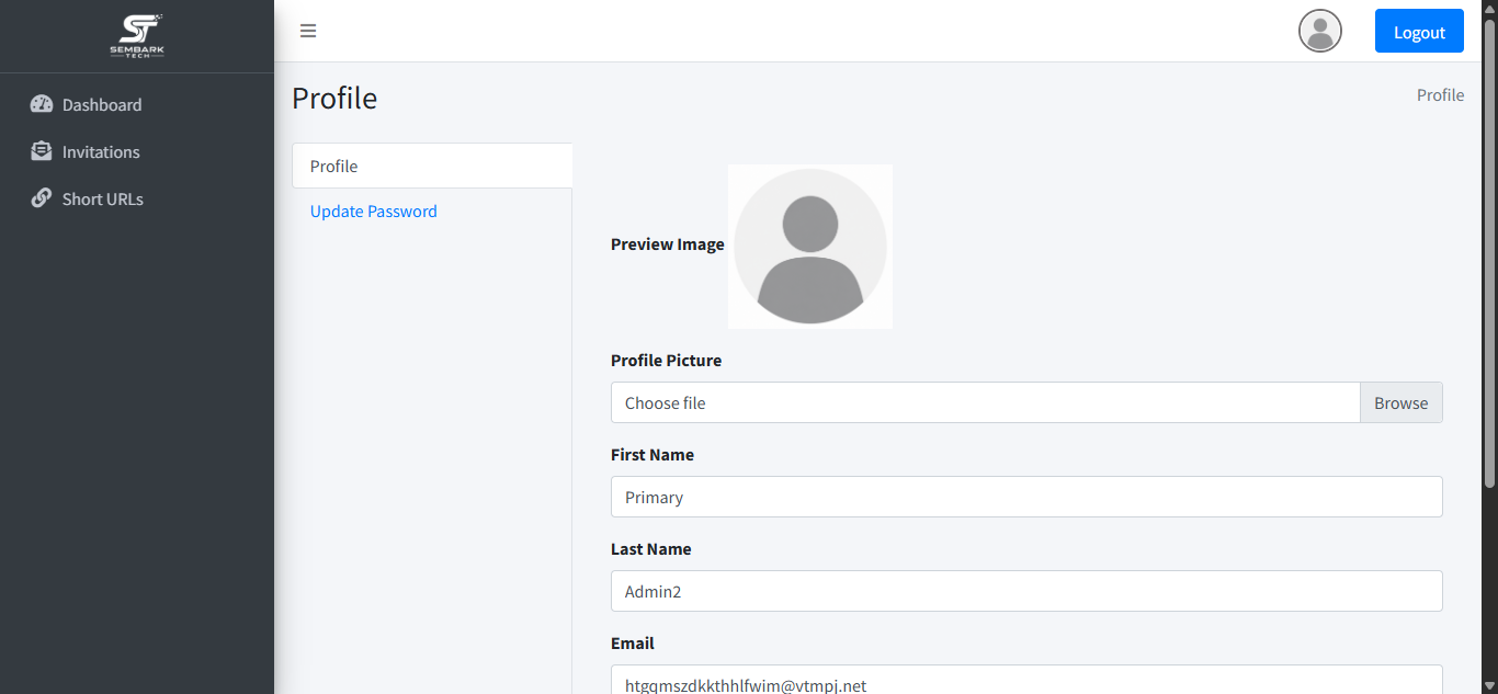 Admin profile page
