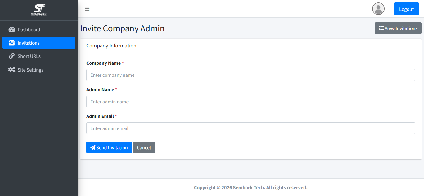 Super Admin new invitation form