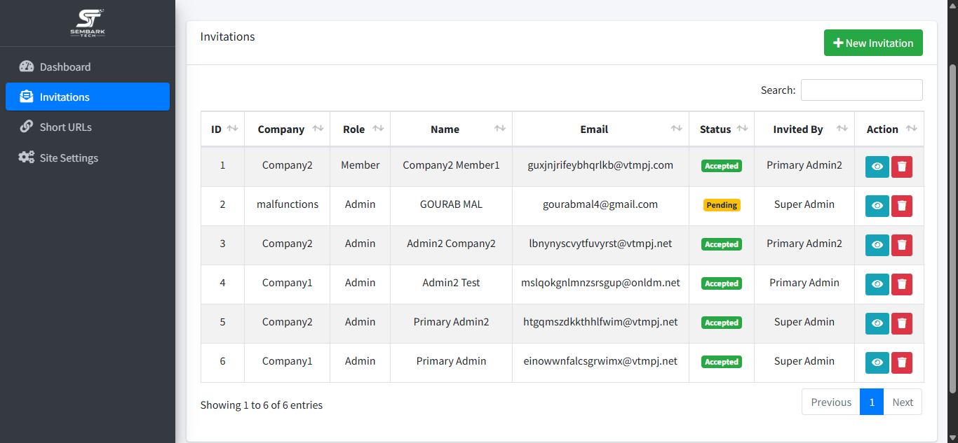 Super Admin invitations list