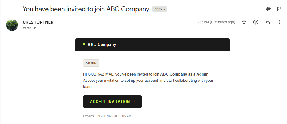 Invitation email received by the company Admin