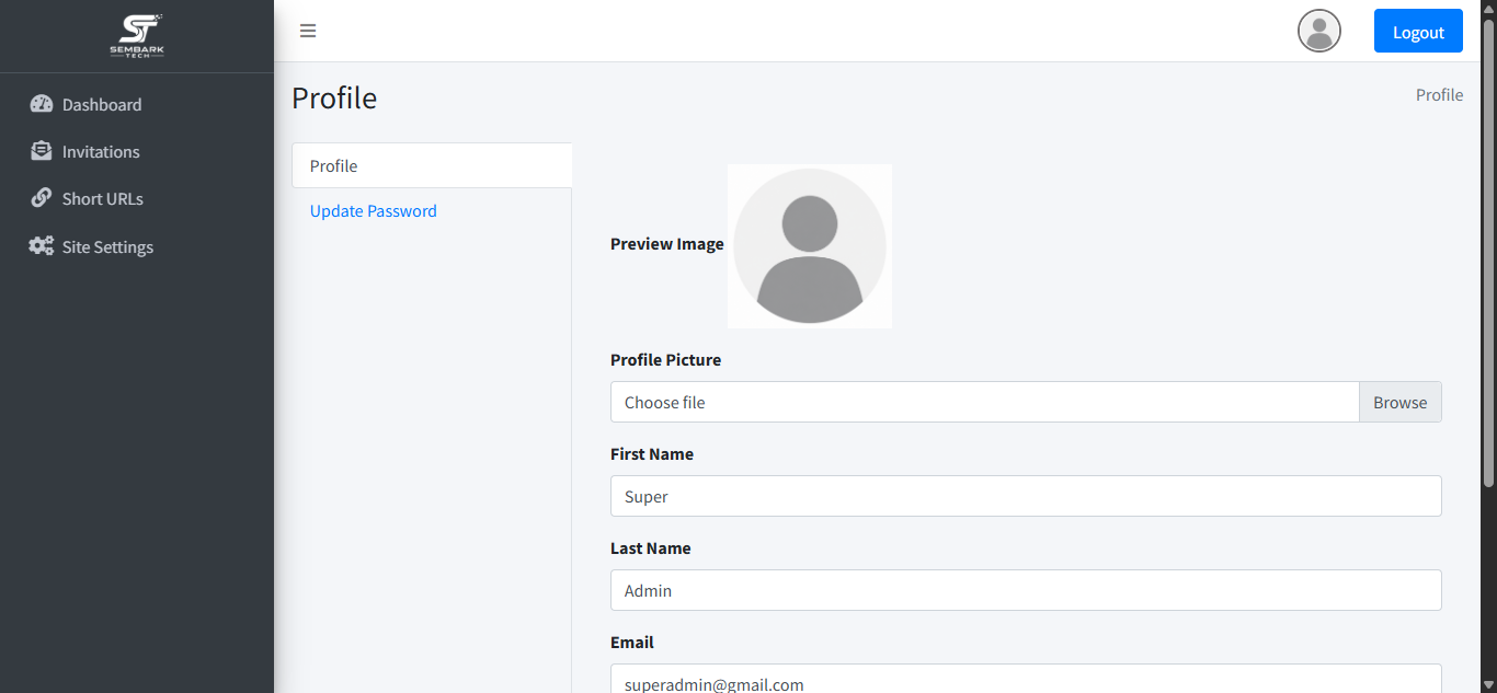 Super Admin profile page