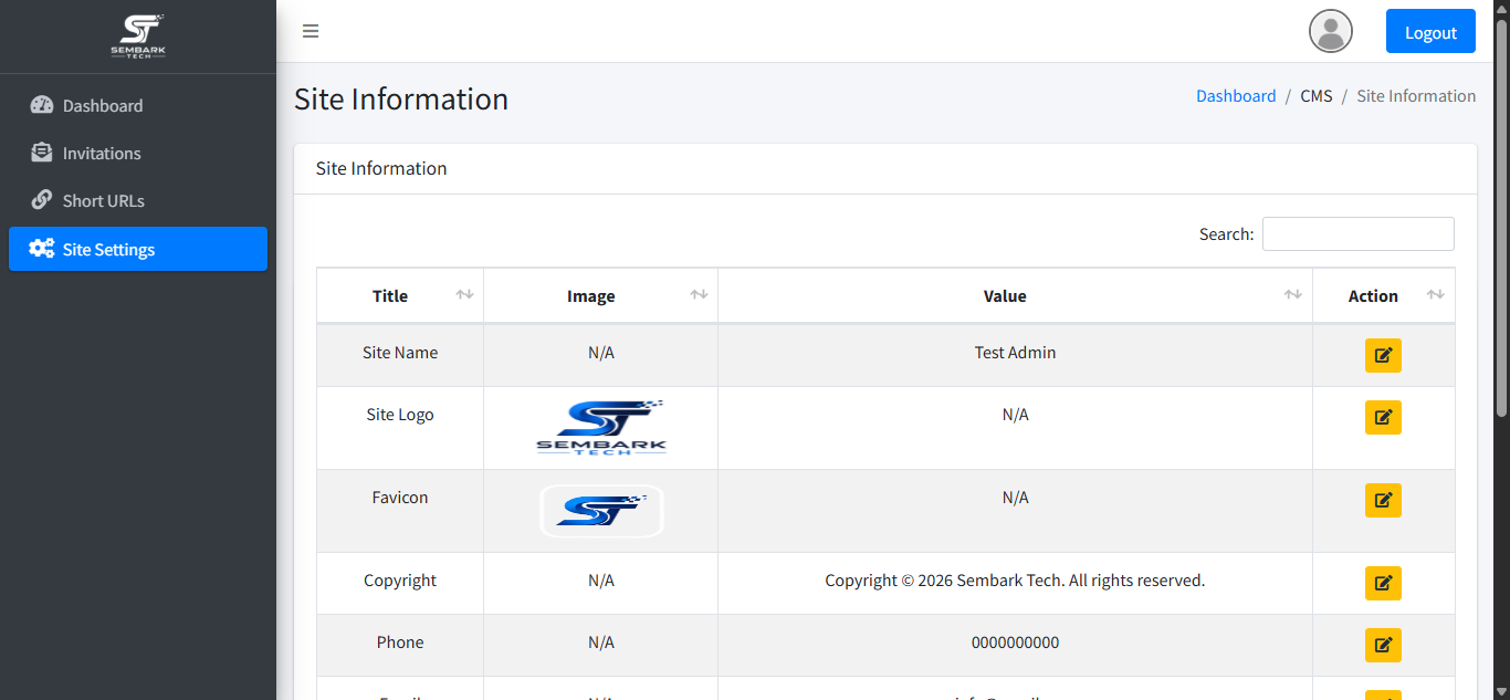 Super Admin site settings
